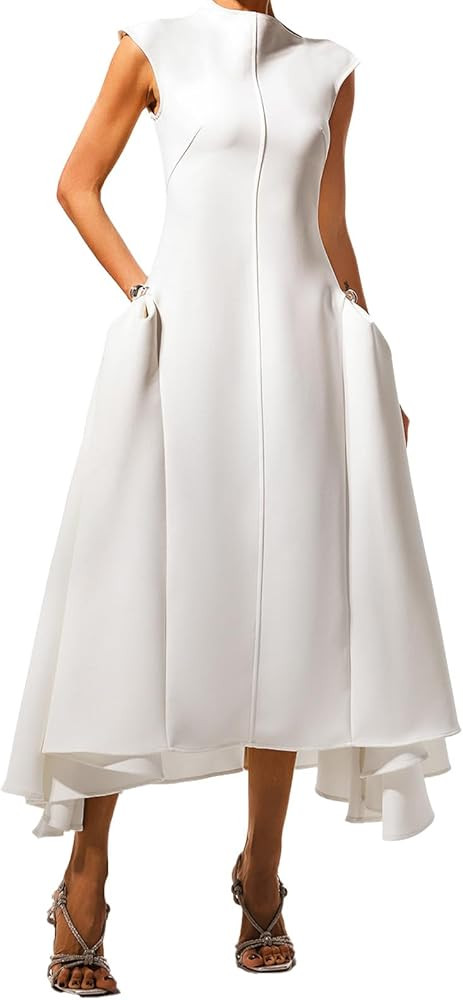 Red Trendy Sleeveless Irregular Hem Fit and Flare Dress for Women Classic Crew Neck Slim Waist Co... | Amazon (US)