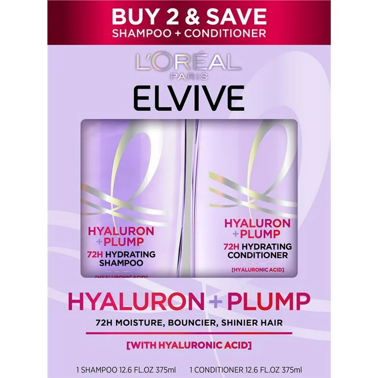 L'Oreal Paris Elvive Hyaluron Plump Hydrating Shampoo & Conditioner Set, Fresh, 25.2 fl oz | Walmart (US)