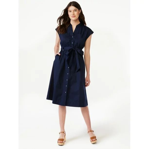 Free Assembly Women’s Belted Midi Shirt Dress with Short Sleeves, Sizes XS-XXXL | Walmart (US)