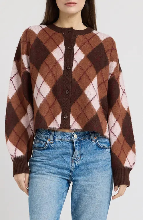 En Saison Brooke Argyle Cardigan in Brown Pink Burgundy at Nordstrom, Size Large | Nordstrom