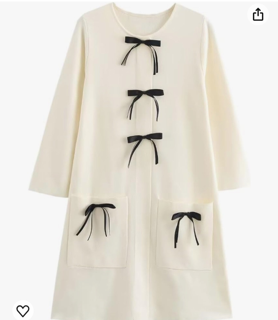 Women's Bow Tie Long Sleeve Sweater Dress Fall Button Crew Neck Knitted Dress A-Line Mini Dresses