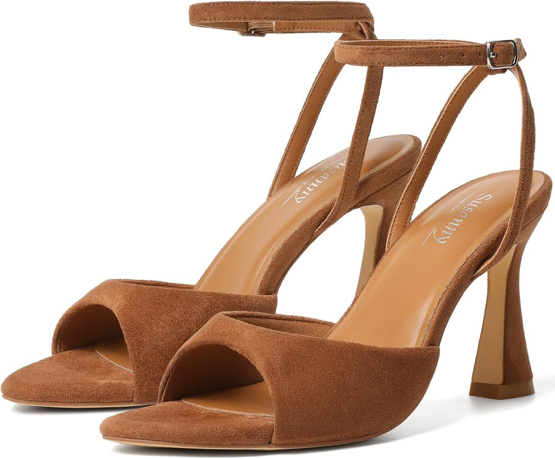 Susanny High Heels for Women Pointed Open Toe Strappy Chunky Block Heels Ankle Strap Stiletto Kit... | Amazon (US)