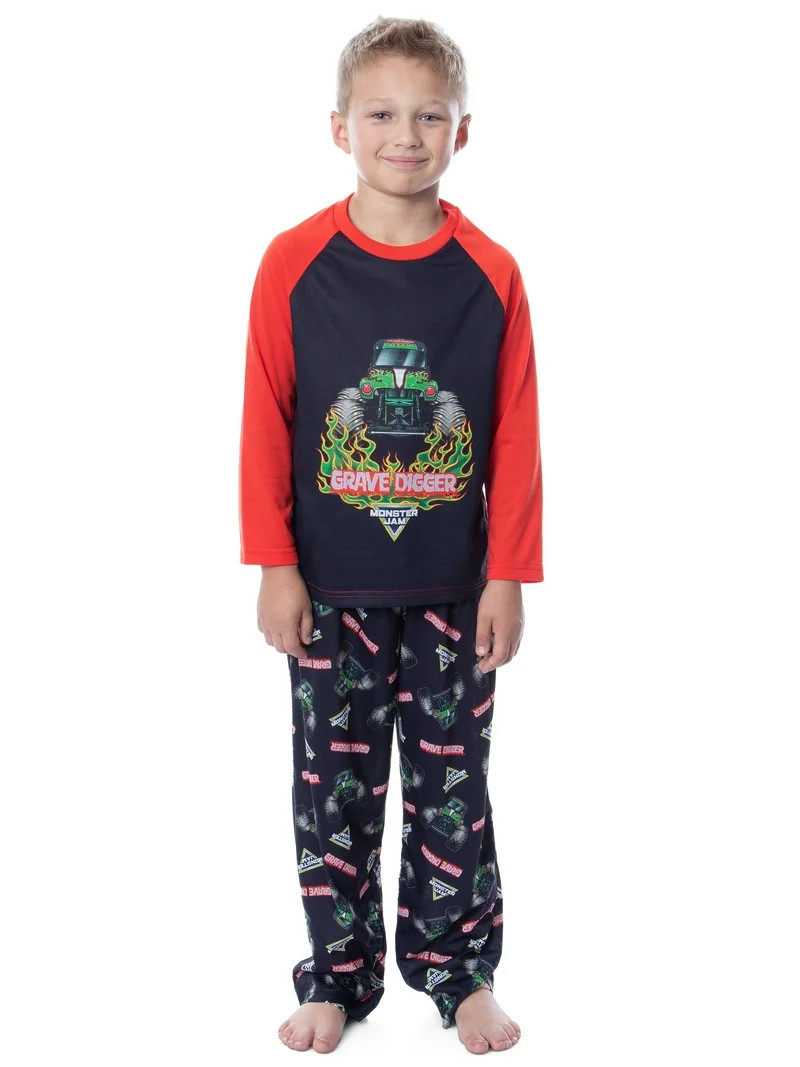 Monster Jam Boys' Grave Digger Raglan Sleep Pajama Set Shirt Pants | Walmart (US)