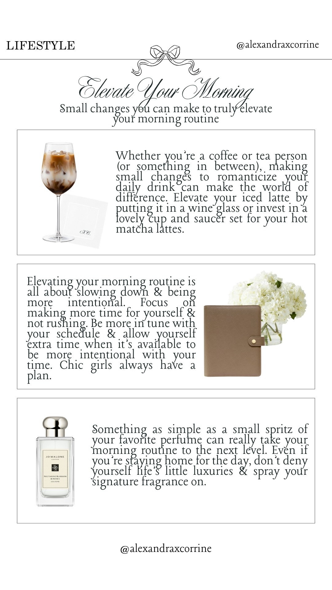 Elevate your morning ☕️ Small changes you can make to truly elevate your morning routine 🤍

Morning routine, chic elegant lifestyle, little luxuries, romanticize your life, self care aesthetic, morning coffee, latte, planner, agenda, perfume, Jo Malone 

#LTKselfcare #LTKmorningroutine