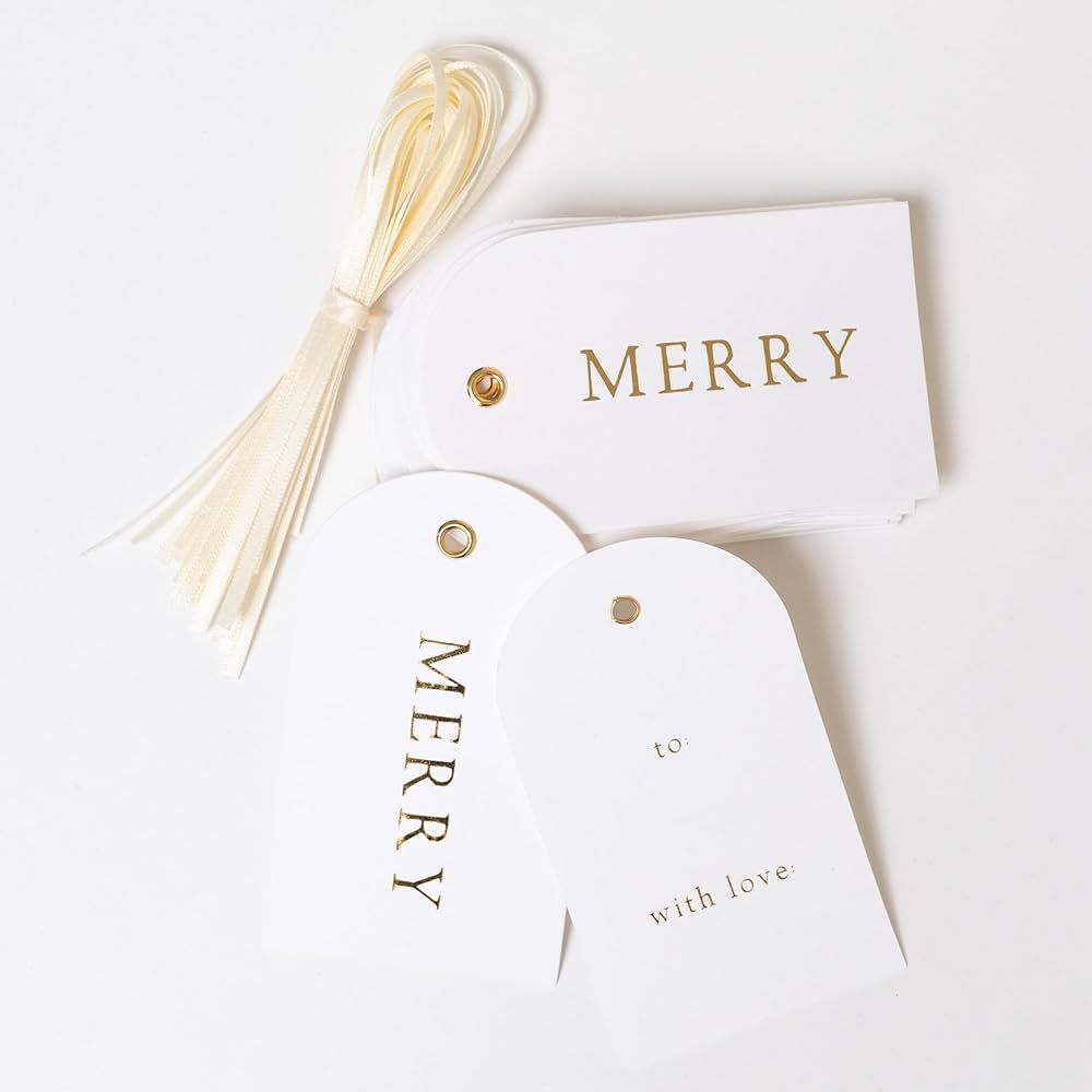 Merry Market Christmas Holiday Letterpress Gift Tags, Merry and to/with Love, Set of 25 with Ribb... | Amazon (US)