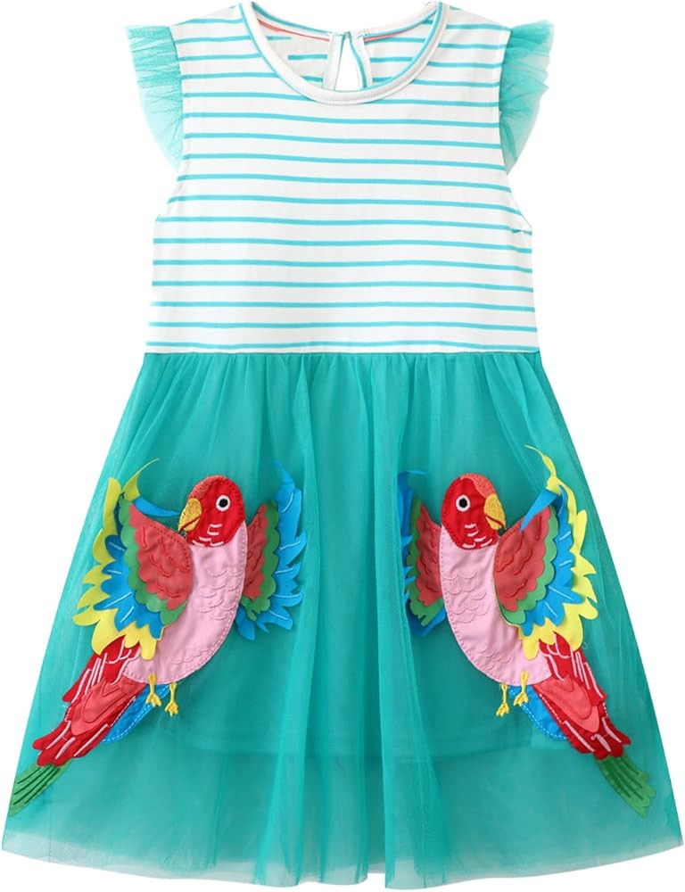 Amazon.com: Youlebao Girls Cotton Long Sleeve Casual Cartoon Appliques Striped Jersey Dresses (6T... | Amazon (US)
