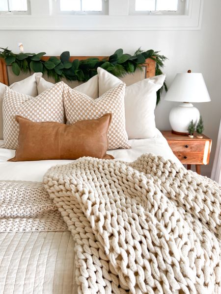 Cozy Holiday Bedroom Decor | Chinky Knit Blanket (just like Pottery Barn!) Leather Pillow | Target Home Decor
