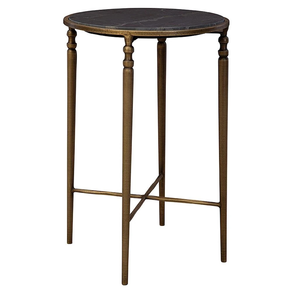 Emari French Country Grey Marble Antique Brass Side Table | Kathy Kuo Home