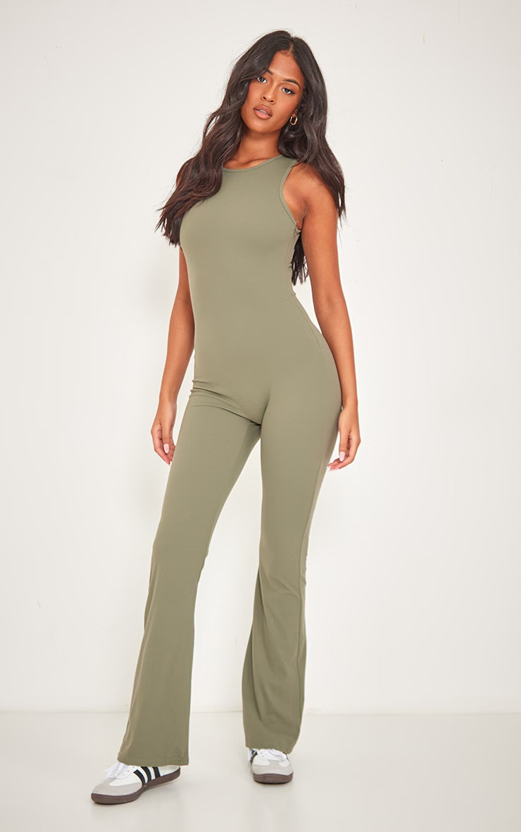 Tall Dark Olive Snatched Sculpt Racer Jumpsuit | PrettyLittleThing US