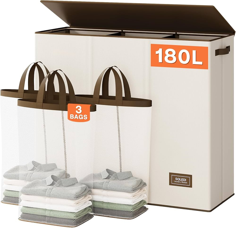 SOLEDI Laundry Hamper 3 section with lid and 3 Pcs Laundry Bag, Large Hamper 3 compartment 180L, ... | Amazon (US)