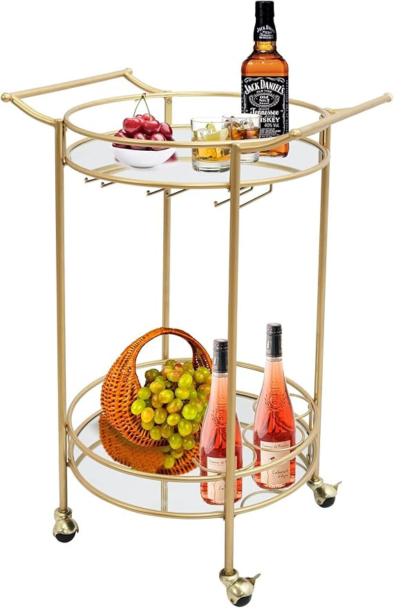 Gold Bar Cart with Wheels, Round Bar Serving Cart for The Home, Rolling Liquo Cart with 2 Mirror ... | Amazon (US)