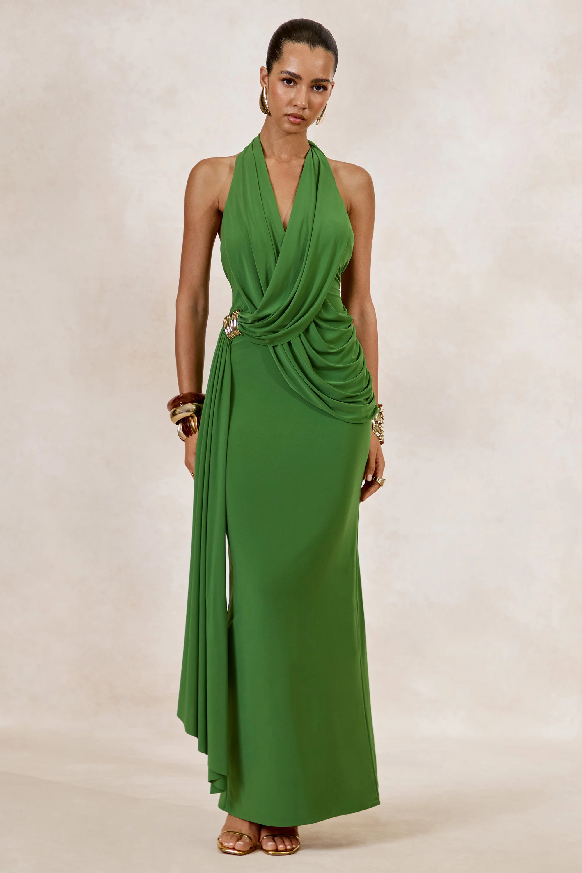 Alisanne | Green Plunge-Neck Maxi Dress With Draped Detailing | Club L London