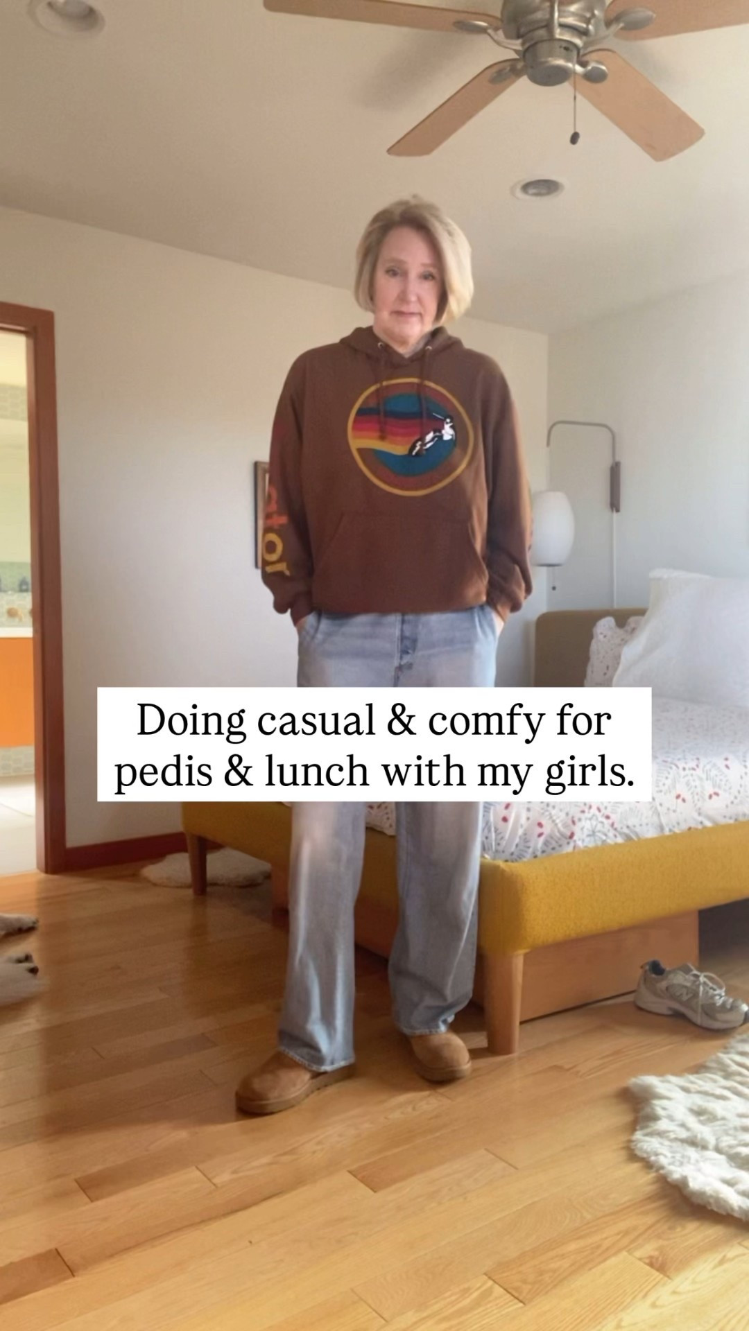 What I’m wearing for pedi & lunch with my daughters ❤️ I need comfort, color and function.
👉🏻 Miramar denim feels like sweats & I can pull the wide legs up in the foot bath 🙌🏻
👉🏻 Sweatshirt has colors that make me SMILE 😃 and matches my
👉🏻 classic mini Uggs that are easy to slip on before & after toes are done, plus keep my feet warm since it finally got cold here! ❄️

#LTKMidsize #LTKdayinmylife #LTKOver40