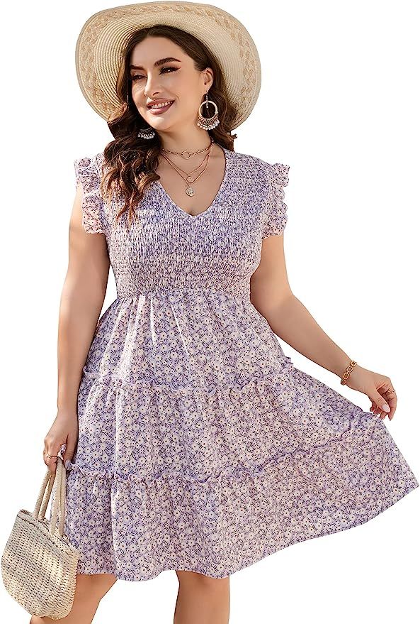KOJOOIN Plus Size V Neck Sleeveless Summer Dress Women Floral Ruffle Short Sleeve Smocked A Line ... | Amazon (US)