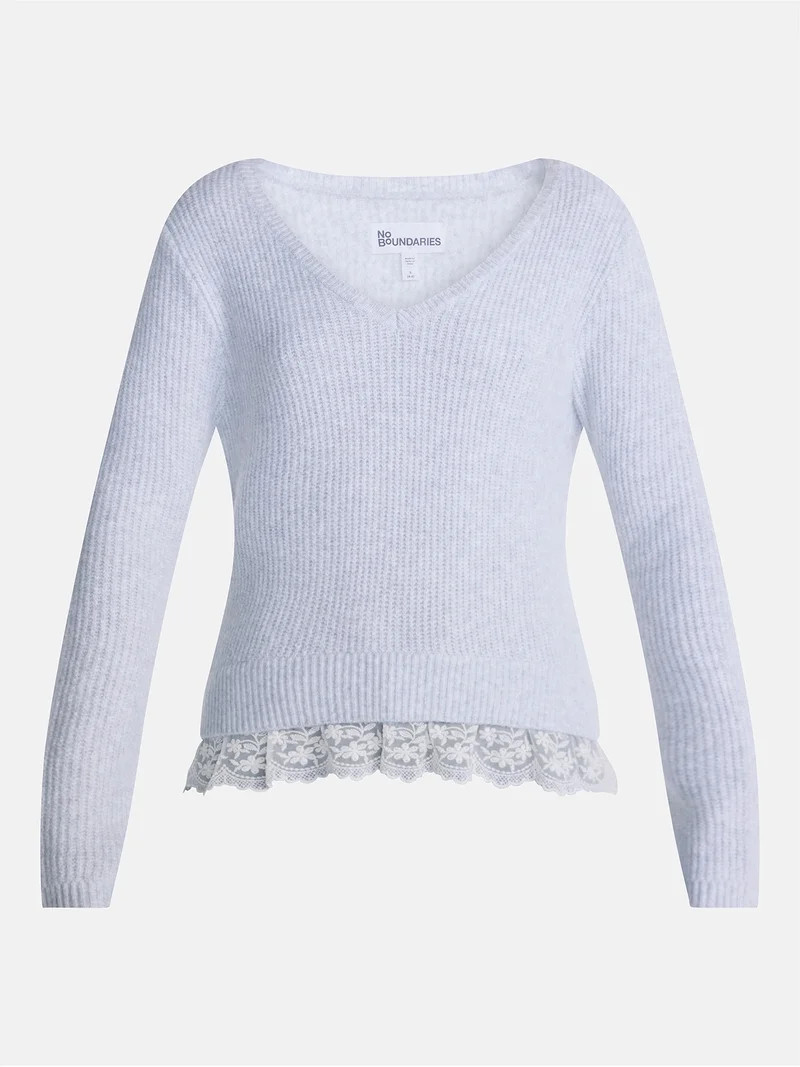 No Boundaries V-Neck Pullover Sweater with Lace Trim, Women's, Sizes XS-XXXL | Walmart (US)