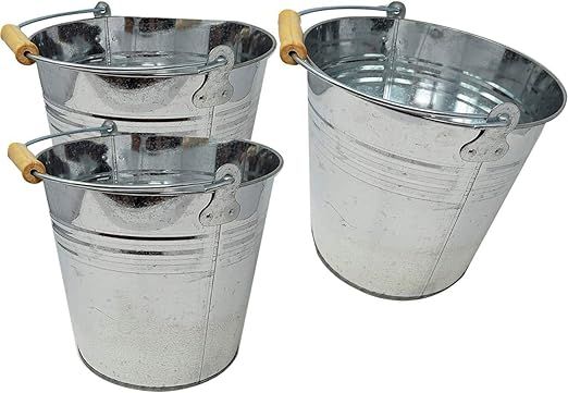 Large 2 Gallon Metal Bucket (3 Pack) Pail Tins Silver W/Wood Handle for Gifts Basket, Ice, Beer o... | Amazon (US)