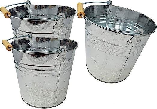 Large 2 Gallon Metal Bucket (3 Pack) Pail Tins Silver W/Wood Handle for Gifts Basket, Ice, Beer o... | Amazon (US)