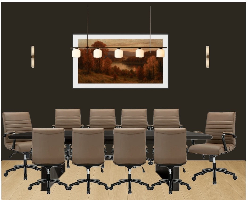 🤎 Different perspective of the same conference room🤎
Designed for collaboration, this moody conference room seats 10 comfortably around a modern executive table. The Samsung Frame TV transforms from landscape artwork to a meeting-ready screen in seconds. Rich wall colors, layered lighting, and warm wood tones make the space feel inviting—while the hidden door within the slatted wall keeps the design streamlined and sophisticated.

Shop the details: Frame TV, executive table, leather chairs, pendant light.