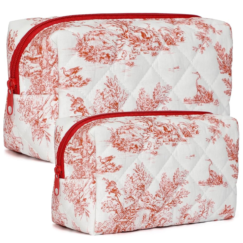 2 PCS Quilted Makeup Bag,Cute Cotton Cosmetic Bag,Large Travel Toiletry Bag Makeup Brushes Storag... | Amazon (US)
