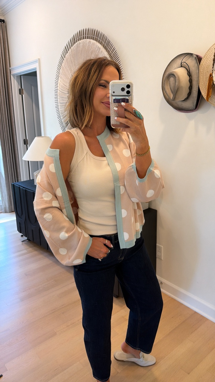 my fav amazon tank with polka dot cardigan. code betsy35 works for vici jeans. target mules sold out but similar option linked ♥️

#LTKootd #LTKSeasonal #LTKSaleAlert