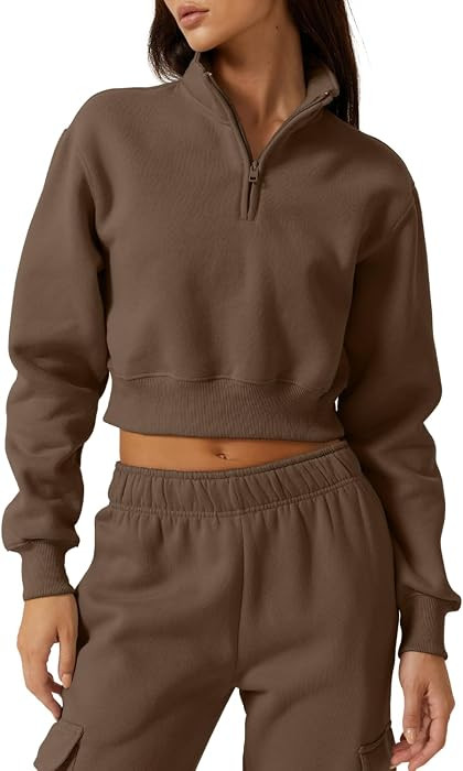 QINSEN Womens Half Zip Crop Sweatshirt High Neck Long Sleeve Pullover Cropped Top | Amazon (US)