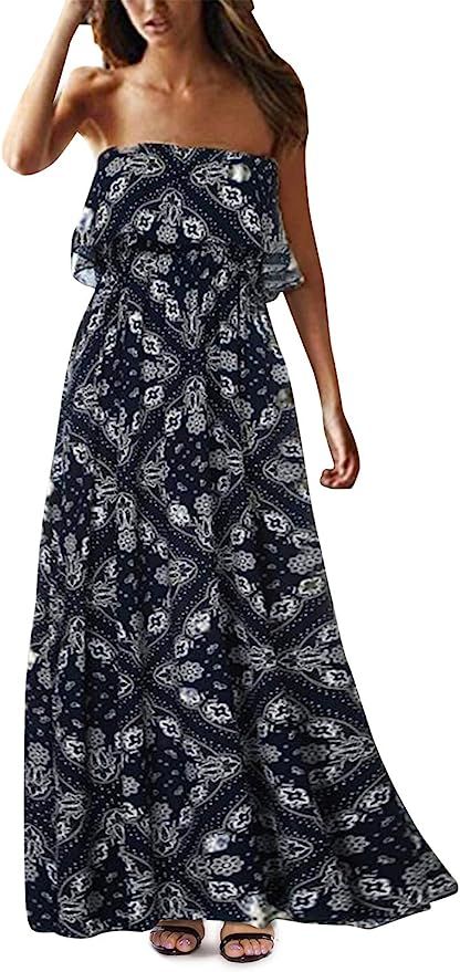 Yidarton Women Summer Blue and White Porcelain Strapless Boho Maxi Long Dress | Amazon (US)