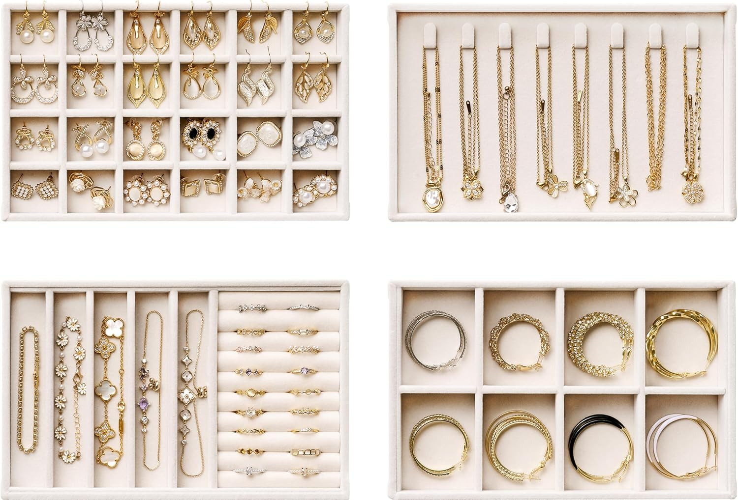 Velvet Jewelry Drawer Organizer Trays – 4-Layer Stackable Jewelry Storage Inserts Set, Beige Jewelry Tray Set for Earrings, Rings, Necklaces, Bracelets with Removable Dividers for Dresser & Vanity | Amazon (US)