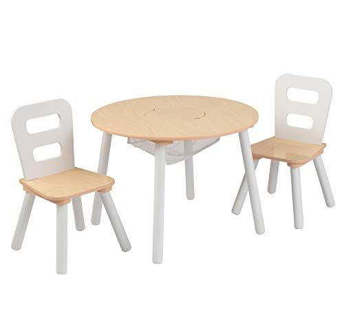 KidKraft Wooden Round Table & 2 Chair Set with Center Mesh Storage - Natural & White, Gift for Ages  | Amazon (US)