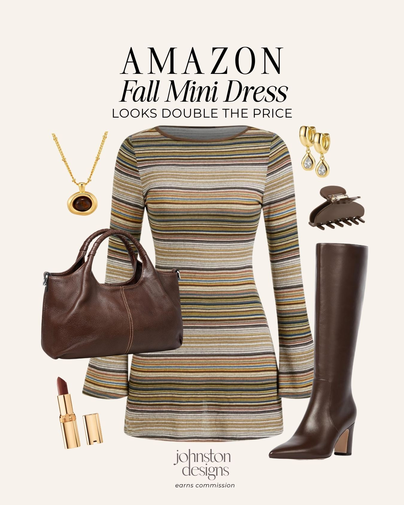 An elevated autumn look that looks double the price. 🍂 This striped long-sleeve knit mini dress pairs effortlessly with knee-high dark brown leather boots, a rich brown tote bag, gold teardrop earrings, an oval pendant necklace, a brown claw clip, and a classic deep nude lipstick.

Amazon fall mini dress, striped long sleeve knit mini dress, dark brown knee high boots, brown leather tote bag, gold teardrop drop earrings, oval pendant necklace, brown hair claw clip, autumn dress outfits, elevated fall fashion, women’s Amazon fashion

#amazonfinds #amazonfashion #fallminidress #knitdress #knee-highboots #autumnstyle #falloutfitinspo #elevatedstyle #affordablefashion #streetstyle 

 #LTKootd #LTKSeasonal
