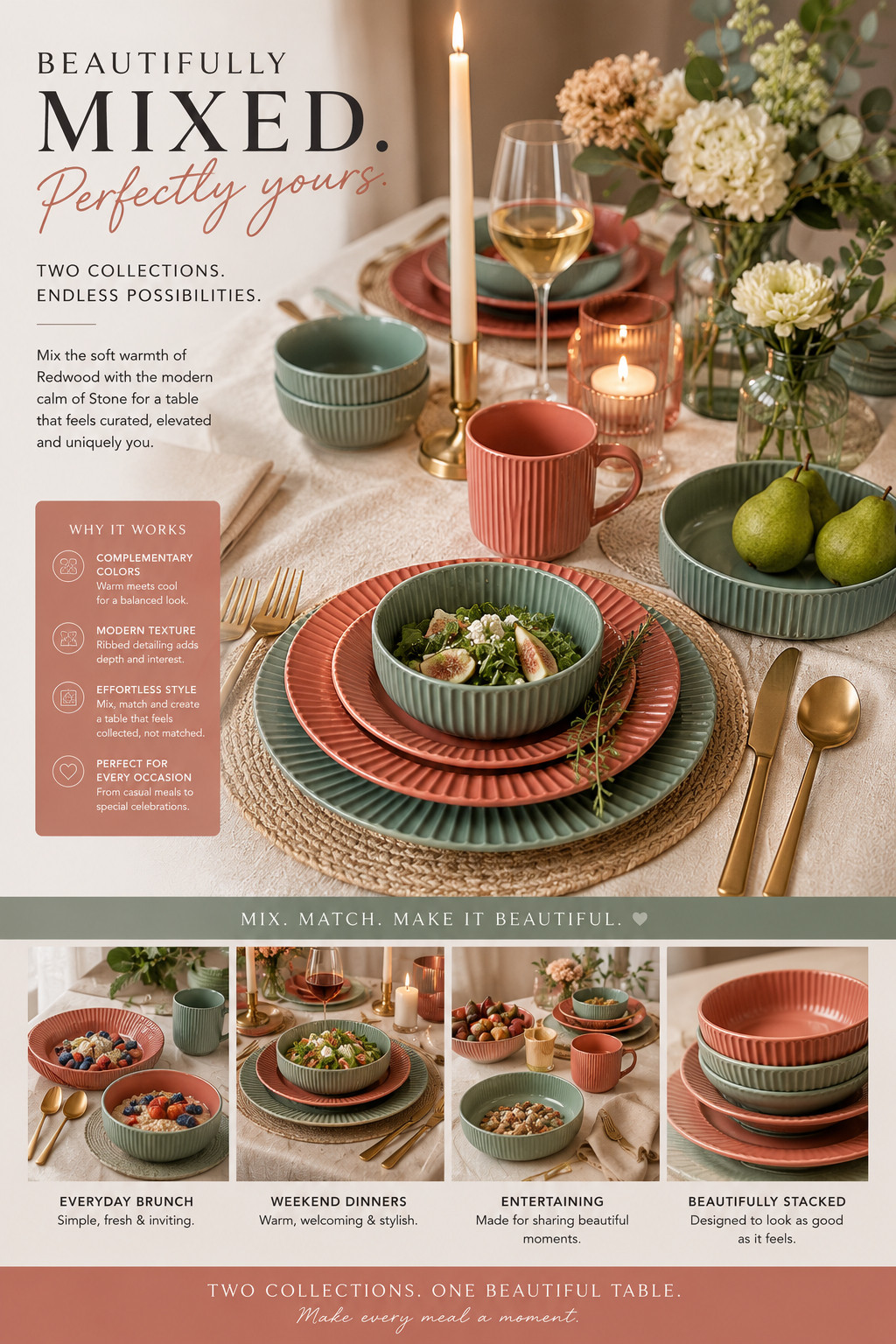 Mix & match dinnerware idea — two sets, one elevated table 🤍

I love how these two colors work together: the soft sage green feels calm and modern, while the warm redwood tone adds depth, warmth, and a designer touch. Together they create a table setting that looks collected, styled, and much more expensive than a basic matching set.

This is such a beautiful idea for everyday dinners, weekend brunches, cozy hosting, or open-shelf styling. The ribbed texture keeps everything cohesive, while the color mix makes the table feel more personal and elevated.

Style tip: use one color as the base plate and the second color for bowls, mugs, or salad plates. Add gold flatware, linen napkins, candles, and greenery for a finished luxury look.

#dinnerware #tablescape #homedecor #kitchenfinds #LTKhome 

 #LTKfoodie #LTKHome