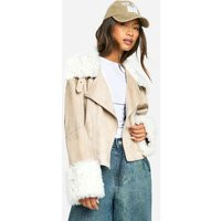 Womens Teddy Faux Fur Trim Moto Jacket - Beige - 12 | boohoo (US & Canada)