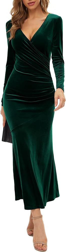 ZABERRY Womens Wrap V Neck Long Sleeve Elegant Mermaid Ruched Velvet Wedding Guest Cocktail Eveni... | Amazon (US)