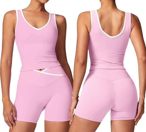 SUUKSESS Women 2 Piece Workout Sets Built in Bra Yoga Tank Top High Waisted Tummy Control Biker Shorts Compression Gym Sets(Light Pink, XS) | Amazon (US)