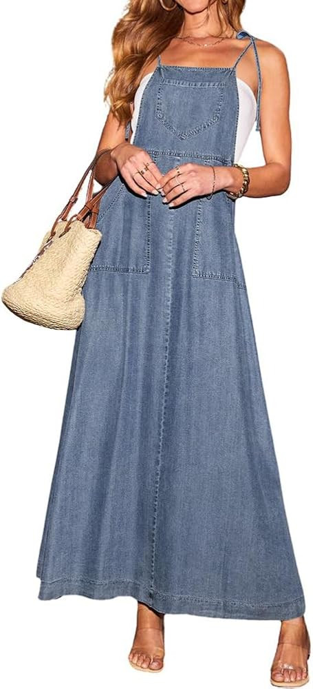 chouyatou Women's 2025 Summer Spaghetti Strap Maxi Long Denim Dress Swing Flowy Jean Jumper Overa... | Amazon (CA)