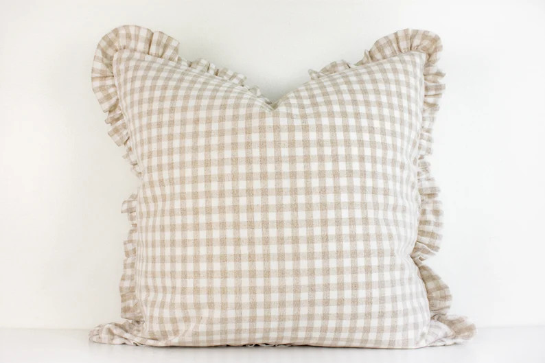 Hmong Organic Woven Pillow Ruffle Edge Gingham Beige and Ivory - Etsy | Etsy (US)