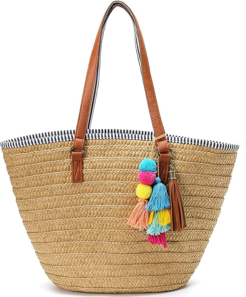 Straw Beach Bags Tote Tassels Bag Hobo Summer Handwoven Shoulder Bags Purse With Pom Poms | Amazon (US)