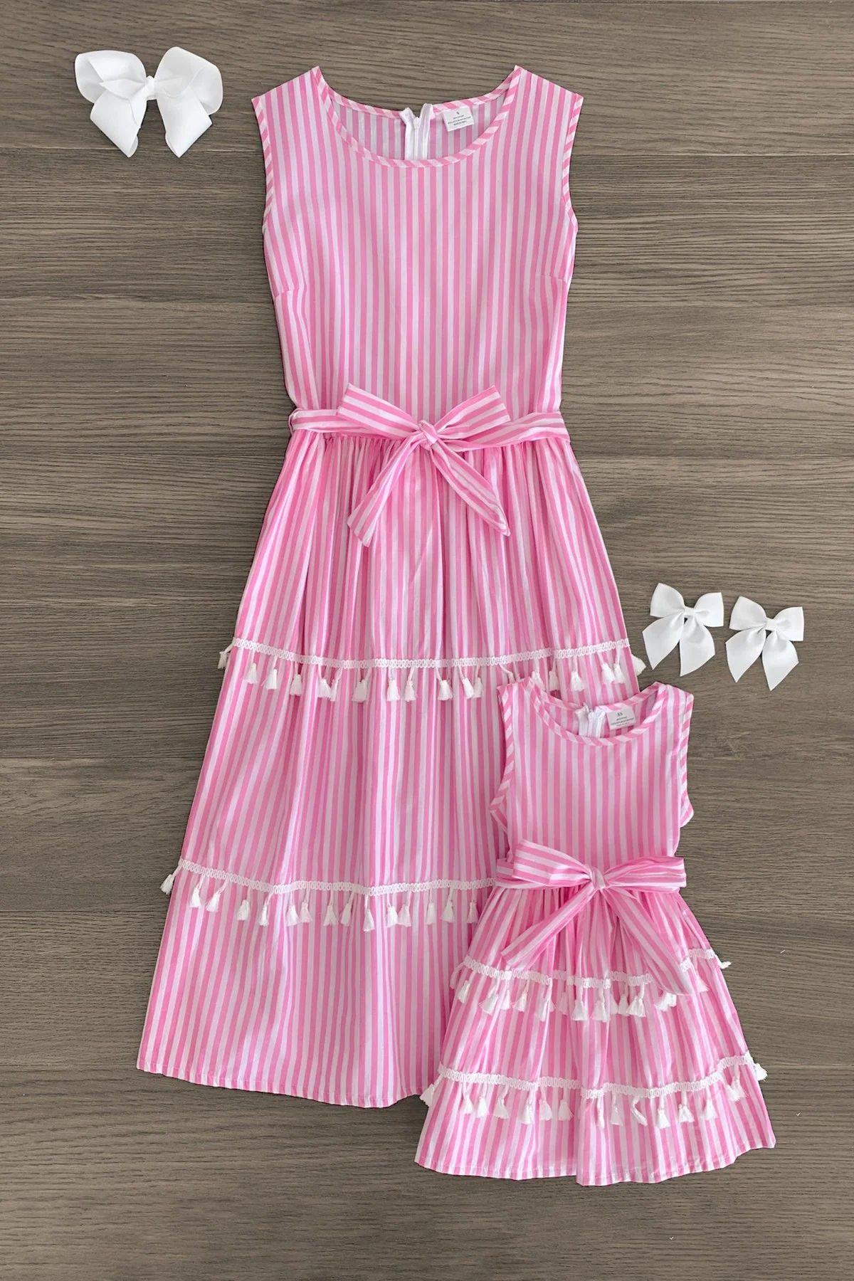Mom & Me - Pink & White Stripe Tassel Dress | Sparkle In Pink