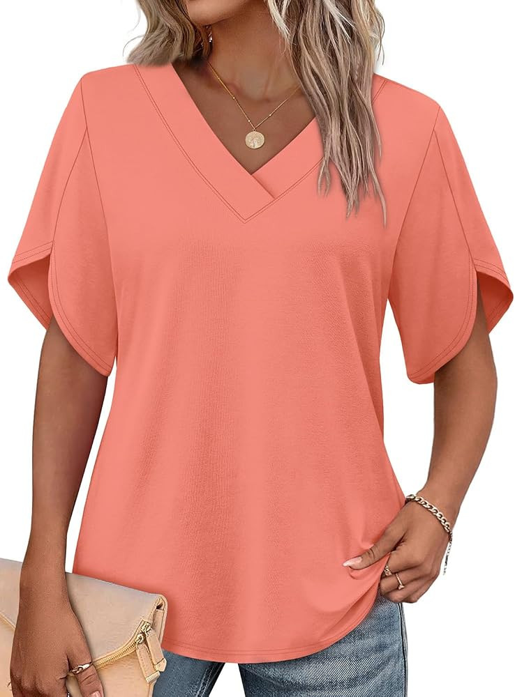 WIHOLL Womens Summer Tops Short Petal Sleeve Shirts Fashion V Neck Womens Clothing | Amazon (US)