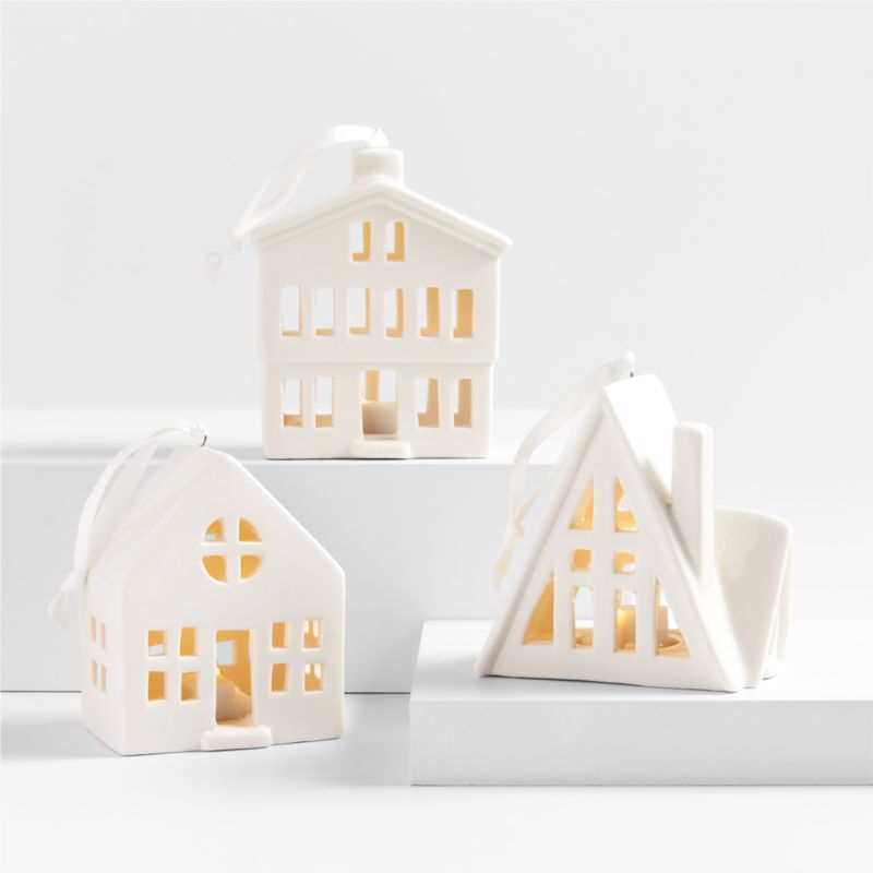 Light-Up White Ceramic House Christmas Tree Ornaments, Set of 3 | Crate & Barrel | Crate & Barrel