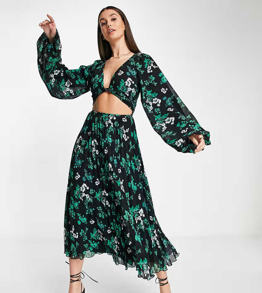 ASOS DESIGN Tall tie wrap around pleated midi dress in dark based floral-Multi | ASOS (Global)