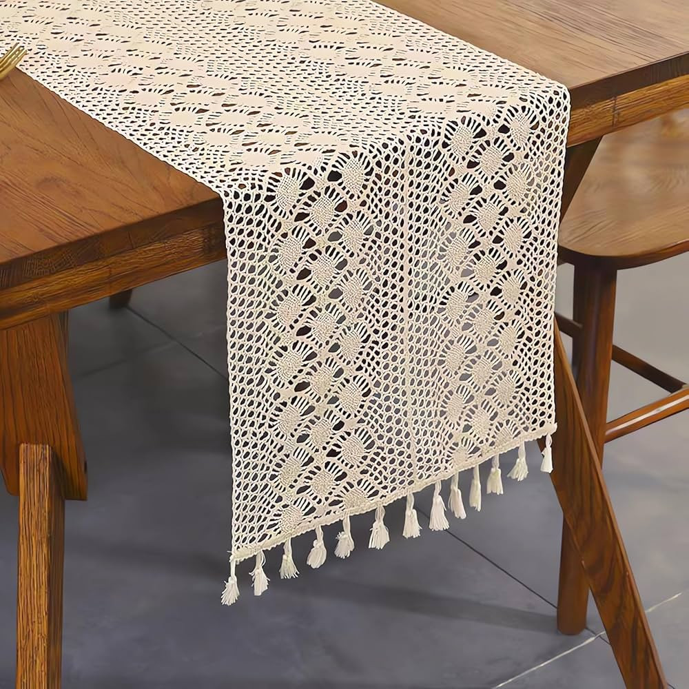 72 Inch Boho Crochet Table Runner, Vintage Bohemian Rustic Farmhouse Macrame Table Runner for Kit... | Amazon (US)