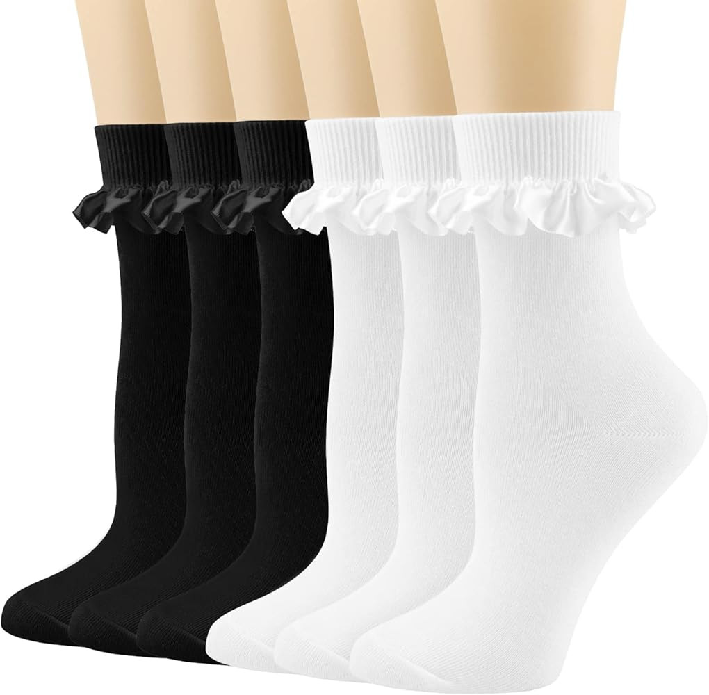 Womens Crew Socks Lace Ruffle Frilly Cotton Cute Princess Ankle Dress Socks for Girl 4/6 Pack | Amazon (US)