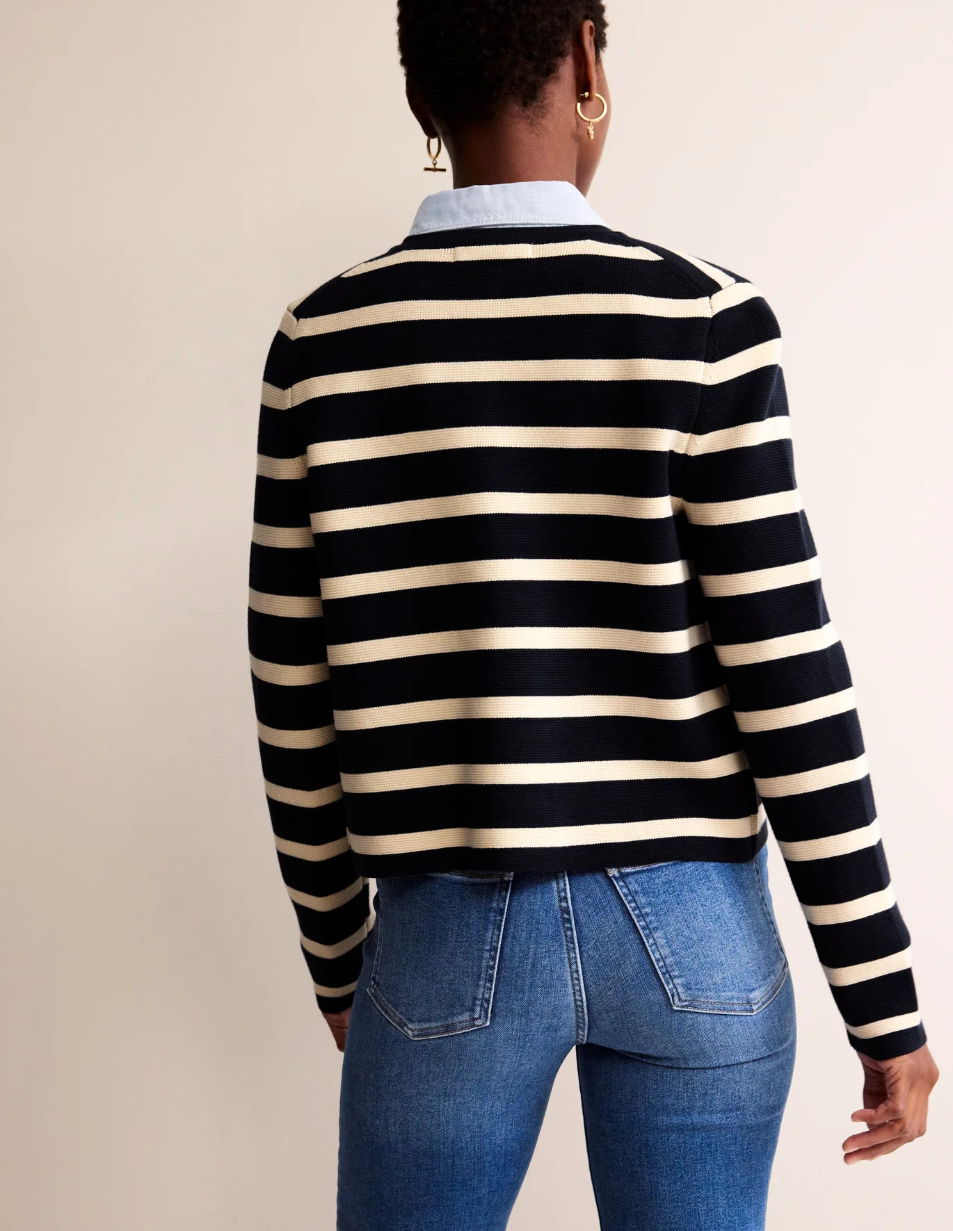 Holly Cropped Knitted Jacket - Navy / Ivory | Boden (UK & IE)
