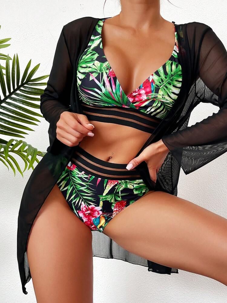 Tropical Print Mesh Trim Bikini Swimsuit With Kimono
       
              
              $16.49 ... | SHEIN