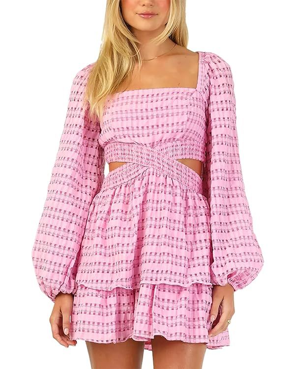 Shy Velvet 2023 Summer Dresses for Women Square Neck Crossover Waist Long Sleeve Dress Party Club... | Amazon (US)
