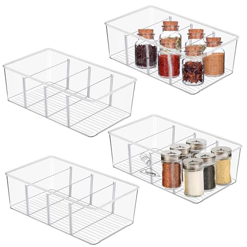 Xbopetda Clear Plastic Storage Bins, Pantry Storage Bins with Removable Dividers, Stackable 4 Compartment Organizing Bins for Kitchen Organization and Storage, Seasoning and Spice Stickers, Set of 4 | Amazon (US)