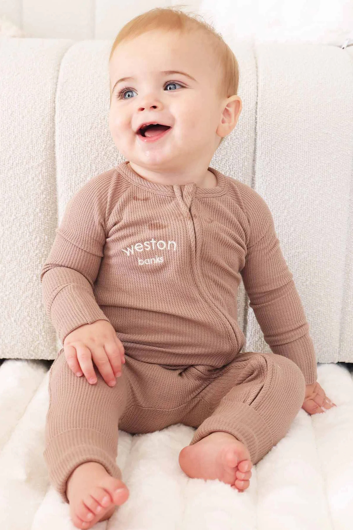 Embroidered Bamboo Waffle Convertible Zip Romper | Cocoa | Caden Lane