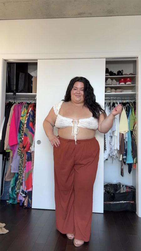 Plus size summer outfit 
Cropped shirrred top wearing a size 20 (kind of small in terms of coverage, would definitely size up, it’s very stretchy) 
Wide leg pull on pants from H&M wearing a 3X 
Wide fit Naturalizer heels 
I bought my bag on a beach in Brazil, but linked similar below. 
Wearing Woxers in a size 2X, can’t link here but similar below 
Nuuds crop tee size 2X 


#LTKPlusSize #LTKMidsize #LTKSeasonal