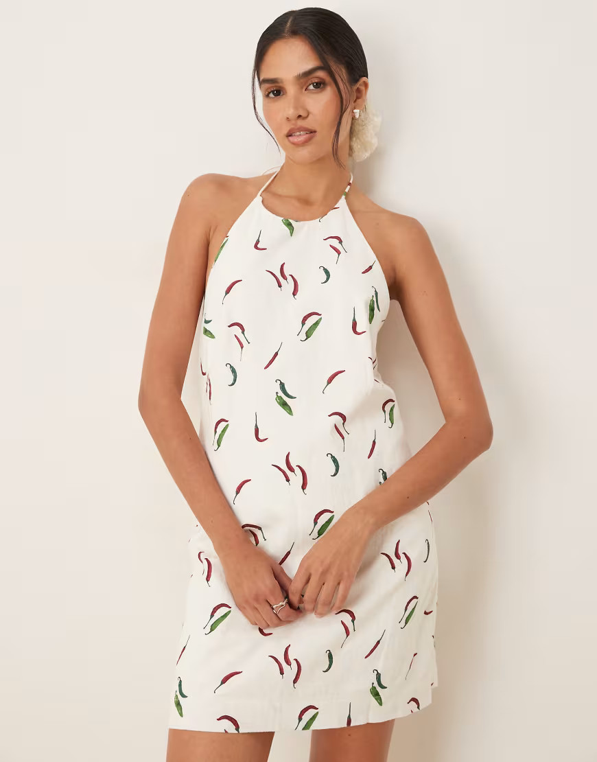 Abercrombie & Fitch halter neck open back linen mini dress in peppers-Multi | ASOS (Global)