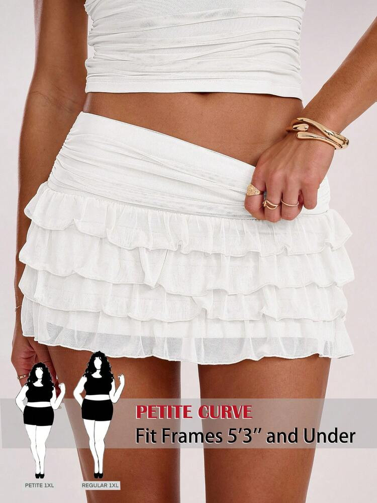 SHEIN PETITE CURVE White Petite Plus Size Casual Mini Skirt With Multi-Layered Ruffles Tiered Det... | SHEIN